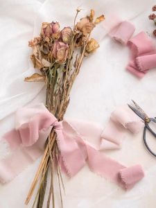 Handmade Wedding Flower Bouquet Satin Ribbon Tassel Edge Chiffon Fabric Strip DIY Sewing Accessories Pink Series 4cm Width