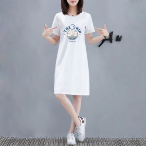 plus Size Womens Summer Casual Short Sleeve T-Shirt Dress Mid-Length Over-Knee Loose Fit A-Line Skirt Versatile Commute Style