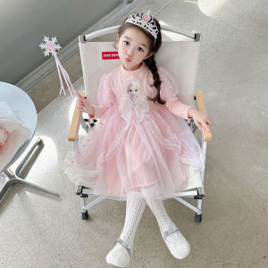 Elsa Princess Dress Korean Style for Girls Long Sleeve Cotton Mesh Spring Autumn Trendy Kids Fashion