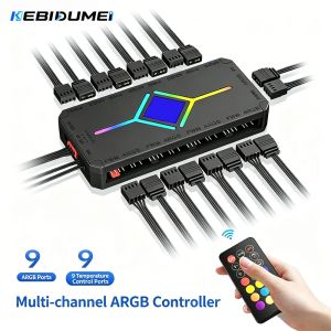 Kebidumei | KEBIDUMEI 1 to 9 Port ARGB PWM Fan Hub Adapter with ARGB Controller 5V 3 Pin Cooling Fan Hub Splitter PWM Magnetic Suction Hub
