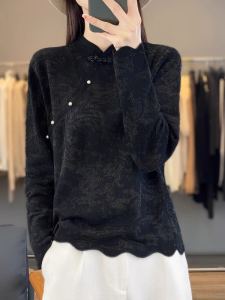 Retro Collar Knitted Sweater Loose Fit Woolen Base Layer Chinese Style New Autumn Winter Fashion Womens Knitwear Button Detail