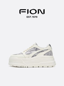 FION Embroidered Thick Bottom Casual Shoes Womens Original Trendy Flat Laced round Toe High Heel EVA Outsole Mixed Material Upgraded Fall 2024