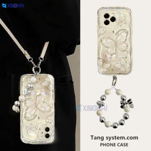 XInGHAi Casing hp Xiaomi Poco X6 5G X5 POCO M6 PRO C65 C55 C40 M3 Pro X3 GT X3 NFC M3 Lanyard Kesing Dreamy Butterfly Rainbow kupu-kupu Motif Pearly Bracelet Wavy Case