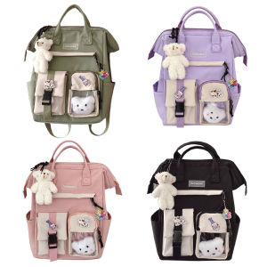 5TH Nylon Laptop Backpack Large Capacity Fashion Women Casual Backpack Casual Zipper Preppy Style Contrast Color Backpack Cute with Badge Bear