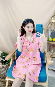 Váy Đầm Nữ-Đầm nữ kiểu dáng sơ mi vải LỤA HÀN in hình TOM & JERRY siêu xinh Freesize dưới 58kg