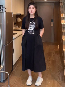 plus Size French Style Meat Concealing Dress Women Summer High-End Long Dress Plump Sister Belly Covering Skirt Commute Korean Loose Fit