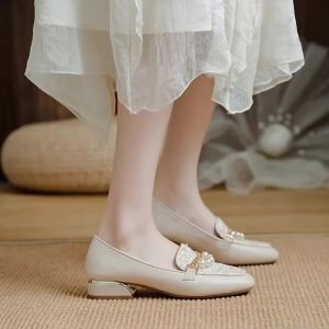 Giày Lười Mũi Vuông Thanh Lịch Dành Cho Nữ Giày Cao Gót Kiểu Pháp Tiệc Cưới Văn Phòng Đi Làm Giày Cao Gót Gót Thấp Da Nhân Tạo