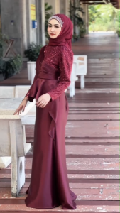 เดรสชุดอิสลาม มินนี่แต่งผ้ามุก แฟชั่นมุสลิม ชุดใส่รายอ ชุดนิกะห์ เจ้าสาวมุสลิม พร้อมส่งS M L XL 2XL