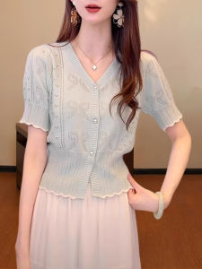 Shalldoer | Korean Sweet Butterfly Knot Hollow Short Sleeve Knitted Open Cardigan Womens Summer New V-neck Anti-aging Versatile Top