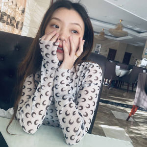 Lace Bottoming Shirt Womens Mesh Summer New Arrival Crescent Print Ins Popular Net Red Anchor plus Size Inner Match Thin Basic Shirt