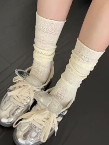 COZOK | JK Lolita Socks Womens Mesh Hollowed Out Flower Transparent Crew Socks Ladies Solid Casual Basic Long Socks Mid Tube Socks