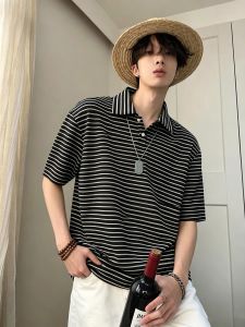 OUMULONG | Elegant Breathable Striped Polo T-shirt Short Sleeves