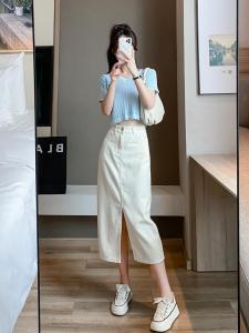 กระโปรงยีนส์ทรงเอเอวสูง ทรงตรง ยาวปานกลาง ทรงเรโทร สำหรับผู้หญิง ฤดูร้อน 2024 กระโปรงทรงเอผ่าหน้าสีขาว