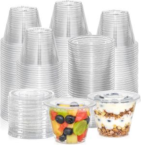 9oz or 270ml Clear Plastic Cups with Lids Disposable Cups with Flat Lids Ideal for Ice CreamCold Drinks Fruits Snacks Container