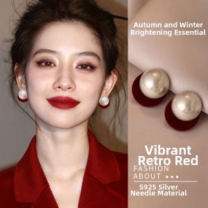 YICAN | Vintage Red Pearl Earrings For Women No Ear Hole Clip On 925 Silver