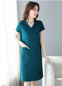 Womens V-neck Double Pocket Short Sleeved Dress Korean Version Loose Slimming Plus Size Long Skirt