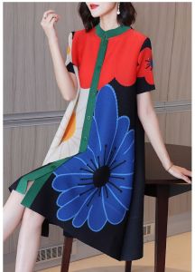 Chất Lượng NOVA⭐Miyake Xếp Li⭐One Person One Fold ※Váy Sơ Mi Ngắn Tay Xếp Ly Trung Bình Hoa Lớn Màu Tương Phản Cổ Đứng Sản Phẩm Mới Mùa Hè Đầm Một Hàng Cúc Dáng Ôm 2022