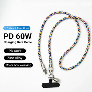 Fashion 2 in 1 PD 60W Fast Charging Cable Phone Lanyard Type C To USB C iPhone Charging Zinc Alloy Lock Halter Neck Wrist Bold Anti-lost Cable for Xiaomi iPhone USB C Charge Fashion Mobile Phone Accessories