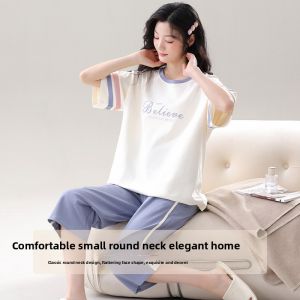 miiow | Pure Cotton Womens Sleepwear Shortsleeve Seven Leggings Home Clothes Set With Chest Pad Summer Thin Cotton Sportswear