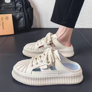 Mens Summer Outdoor Slip-On Shoes Breathable Thick Bottom Flat Sandals Open-Toe No-Back White Shoes Casual Slipper Style