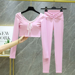 ชุดโยคะสั้นโชว์เอวสำหรับผู้หญิงพร้อมแผ่นเสริมหน้าอก ชุดโยคะ Pilates ระดับไฮเอนด์ ชุดออกกำลังกาย ชุดโยคะสั้นเซ็กซี่