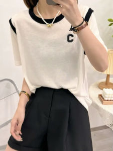 เสื้อยืดไหมน้ำแข็งบาง แขนสั้น ทรงหลวม ทรงเข้ารูป สำหรับผู้หญิง ฤดูร้อน 2025 แฟชั่นใหม่ เสื้อผ้าทำงานสไตล์เกาหลี