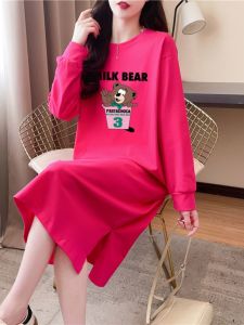 Pure Cotton Long Sleeve Hoodie Dress Womens Loose Spring Autumn Outerwear Long T-shirt Inner Wear Base Dress Casual Style Printed