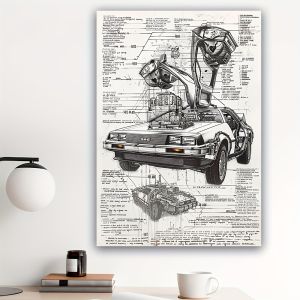 CIFbuy | DeLorean Time Machine Blueprint Poster 20x30 Inch 2D Iron Sheet Painting Retro Wall Art Living Room Office Decoration