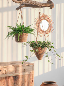 Nordic Wicker Flower Basket Hanger Green Ivy Plant Pot Hemp Rope Suspension Wall Hanging Grass Weave Evergreen Vine Decorative Basket