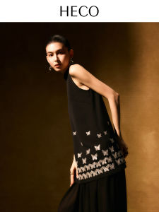 HECO Butterfly Shine New Chinese Style Sequin Fake Two-Piece Dress Women Summer Drape Texture Long Dress Elegant A-Line Skirt