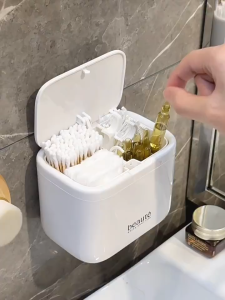 Wall Mount Cotton Swab Storage Box Dustproof Qtip Organizer with Lid Bathroom Makeup Cotton Stick Container