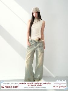 La lune Du ciel | Quần Jeans Tay Rộng Thẳng Màu Sáng Cotton Đã Giặt