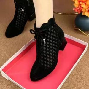 Womens Leather Mesh Short Boots Breathable Hollow out Design Summer New Style Chunky Heel Soft Bottom Fashion Sandals
