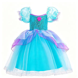 Mermaid Costume Short Sleeve Summer Dress with Crown Necklace Gloves for Kids Beach Carnival Party Cosplay