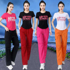 New 2025 Womens Summer Ice Silk Work Pants Thin High Waist Loose Quick Dry Casual Sports Set Square Dance Clothing