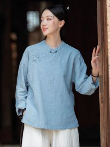 Retro Style Womens Cotton Linen Jacket with Button Detailing Long Sleeve Loose Fit Breathable Comfortable Outerwear