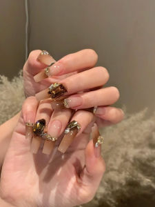 FUYU-NAIL Mermaid Wearable Nail Art Ancient Bronze Large Ice Pond Diamond Flashing Rich Asymmetrical Amber Color Detachable Nails