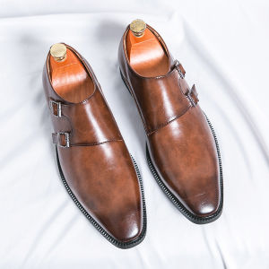 Classic Retro Dress Mens Monk Leather Shoes With Pointed Toe Buckle Business Office Wedding Soft Comfortable Mens Shoes