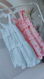 Cute Ruffle Tiered Printed Heart Polka Design Sleeveless Flowy Summer Beach Party Dress for 5-12Y Girls