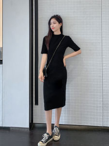 Black Slimming Womens Dress High Waist mid Split Commute Style Korean Version Cotton Blend mid Sleeve Midi Skirt