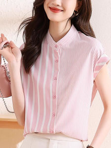 WANGGONGZHU | Womens Casual Stripe Chiffon Shirt Summer 2025 New Fashion Loose Korean Style Short Sleeve Stand Collar Top Princess Style