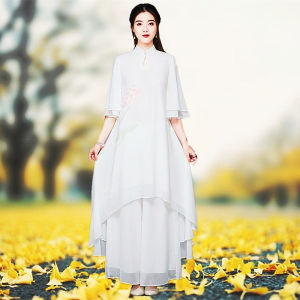 ชุดโยคะผ้าชีฟองสีขาวสำหรับผู้หญิง ชุดเต้นรำ ชุดโยคะสไตล์ยูนิฟอร์ม ชุดยาวคลุมเข่า ชุดโยคะฤดูใบไม้ผลิและฤดูร้อน