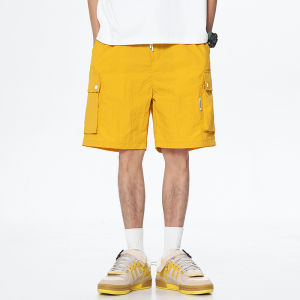 Mens Summer Ice Silk Loose Fit Beach Shorts Workwear Five Inch Pants Yellow Casual Trousers Durable Youth Fashion Brand