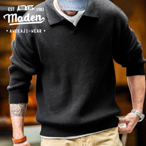 MADEN brand 2024 winter men new American fashion casual retro lapel cotton polo shirt loose lazy pullover thickened straight sweater
