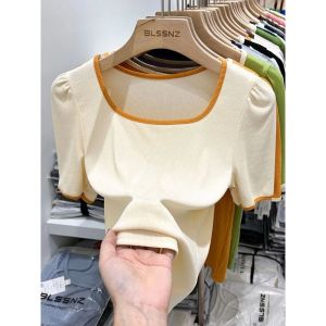 Fashionable Short Sleeve T-Shirt Womens Square Collar Bubble Sleeve Top Korean Style Slim Fit Summer Clothing Shoulder Length