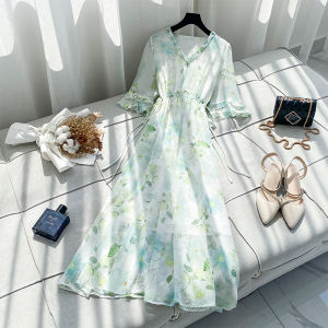 Floral Print Chiffon Summer Dress Womens Fashionable Slimming Large Size Cover Belly High Waist A-Line Skirt V-Neck Short Sleeve