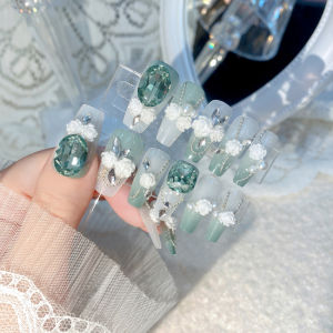 【With Glue】Mid-length Fake Nail Light green flowers Decor Artificial Nail for Women and Girl Party Activity