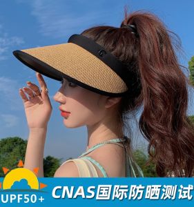 Summer Fashionable Black Glue Straw Hat Womens Large Brim UV Protection Sunscreen Cap Casual Stripe Pattern Spring Outing Cap