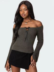 Edikted American Style Spicy Girl Autumn Winter Knitted Sweater with Butterfly Knot One Shoulder Christmas Outfit Ladies Knitwear