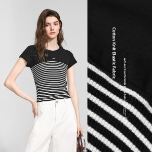BEIQIANI | Contrast Color Striped Knitted T-Shirt Summer